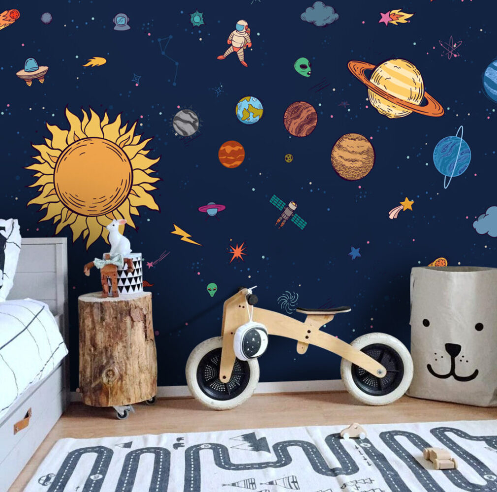 Solar System Wallpaper : Kids Planets and Astronaut Mural - View 3