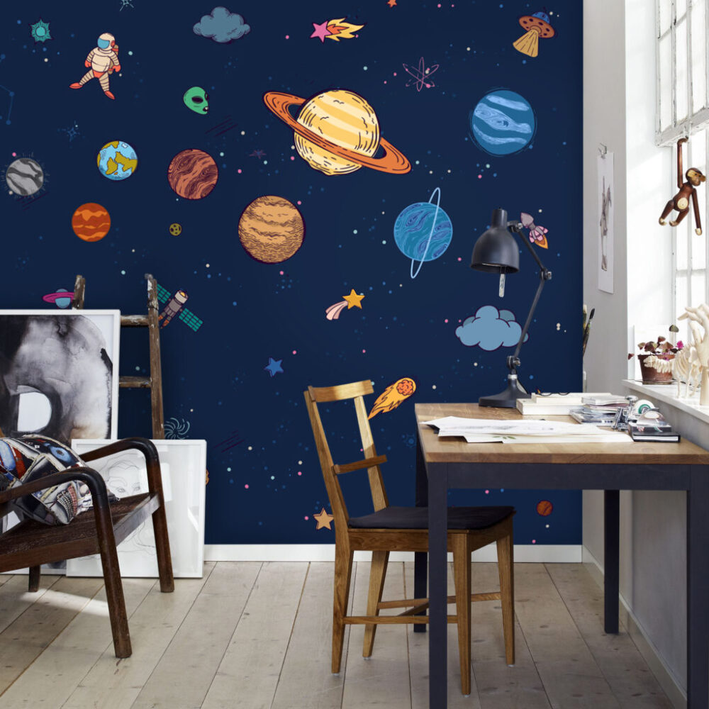 Solar System Wallpaper : Kids Planets and Astronaut Mural - View 2