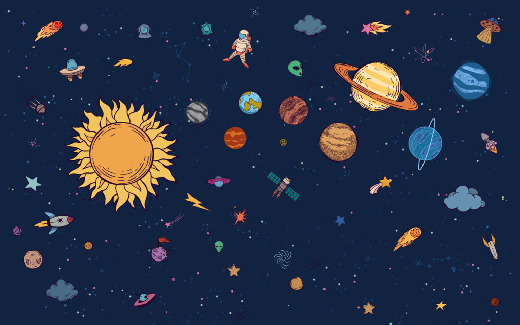Solar System Wallpaper : Kids Planets and Astronaut Mural - flat design