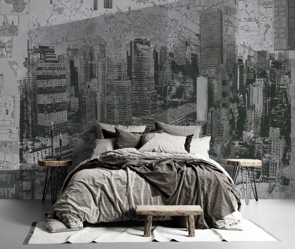 Black and White City Wallpaper : Grunge Skyline Photo Mural - View 2