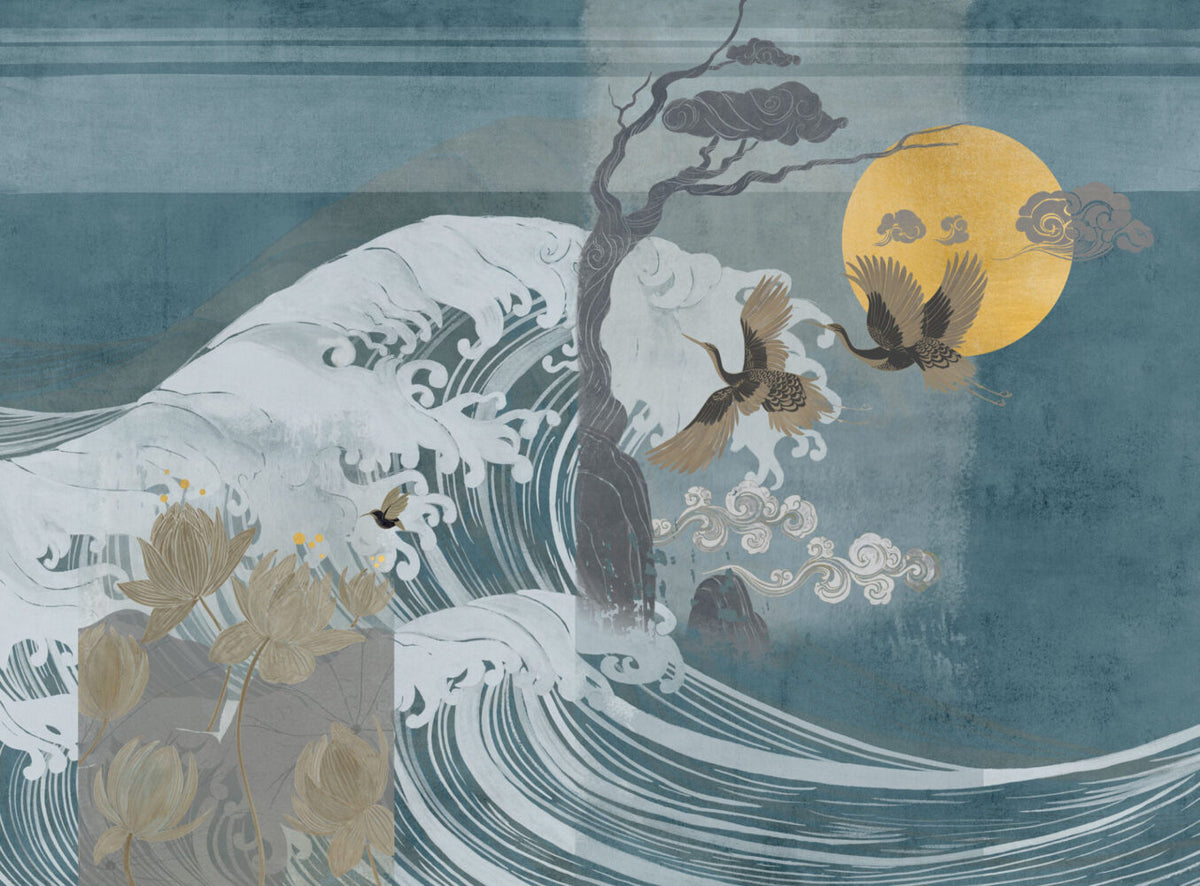Blue Japanese Wave Wallpaper : Vintage Moon and Crane Mural - flat design