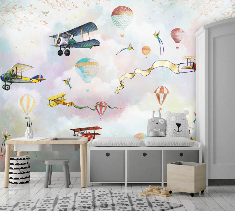 Vintage Airplanes Wallpaper : Balloons and Ribbons Sky Mural - View 2