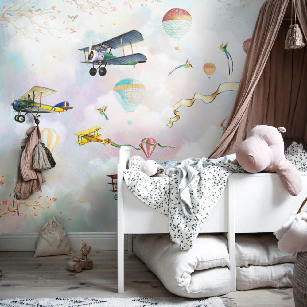 Vintage Airplanes Wallpaper : Balloons and Ribbons Sky Mural - View 5