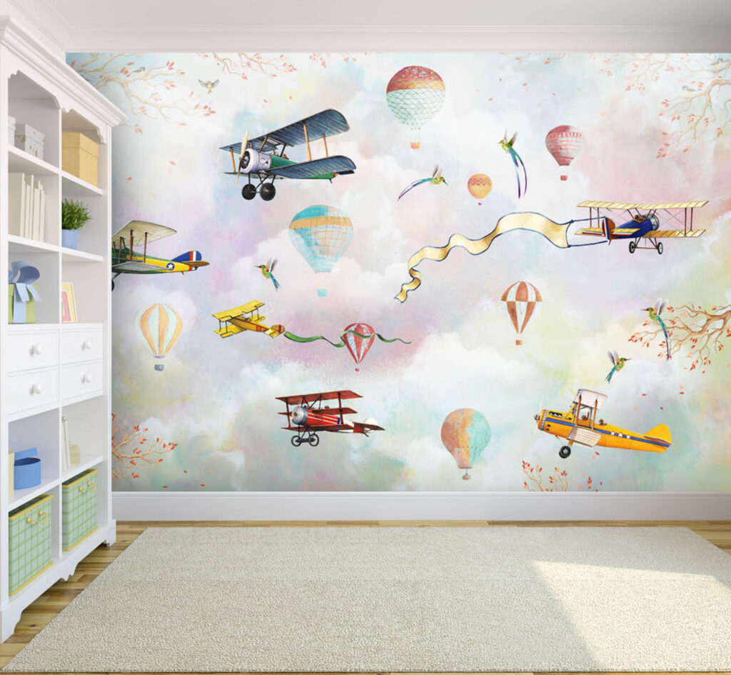 Vintage Airplanes Wallpaper : Balloons and Ribbons Sky Mural - View 4
