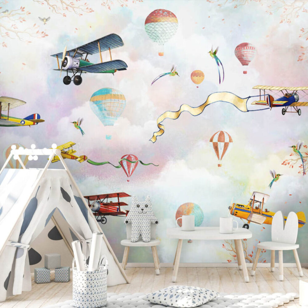 Vintage Airplanes Wallpaper : Balloons and Ribbons Sky Mural - View 3