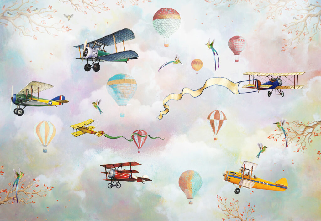 Vintage Airplanes Wallpaper : Balloons and Ribbons Sky Mural - flat design