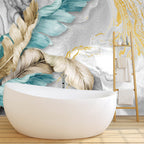Grey Marble Feather Wallpaper : Teal and Gold Leaves Mural - View 5