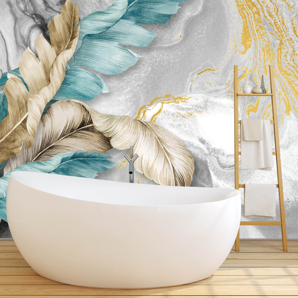Grey Marble Feather Wallpaper : Teal and Gold Leaves Mural - View 5