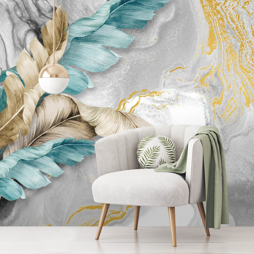 Grey Marble Feather Wallpaper : Teal and Gold Leaves Mural - View 4