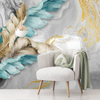 Grey Marble Feather Wallpaper : Teal and Gold Leaves Mural - View 4