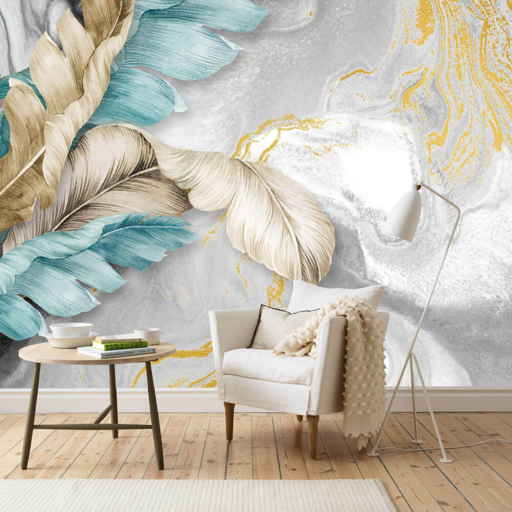 Grey Marble Feather Wallpaper : Teal and Gold Leaves Mural - View 3