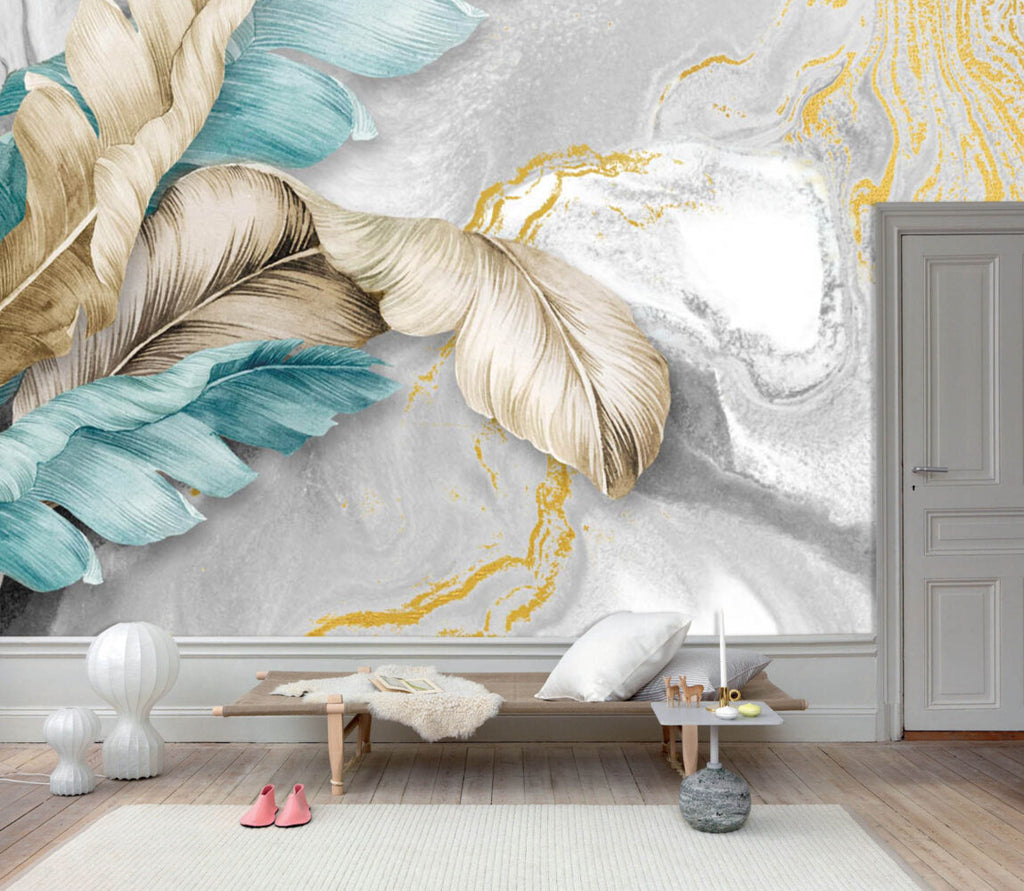 Grey Marble Feather Wallpaper : Teal and Gold Leaves Mural - View 2