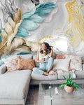 Grey Marble Feather Wallpaper : Teal and Gold Leaves Mural