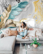 Grey Marble Feather Wallpaper : Teal and Gold Leaves Mural