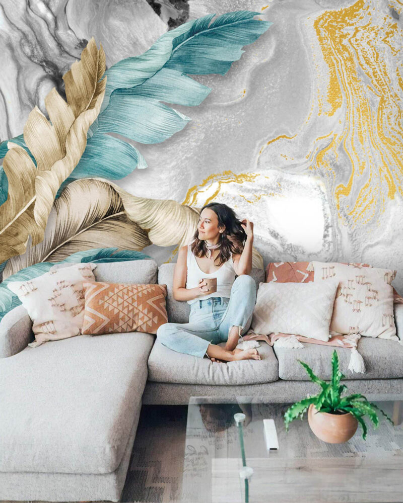 Grey Marble Feather Wallpaper : Teal and Gold Leaves Mural