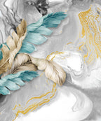 Grey Marble Feather Wallpaper : Teal and Gold Leaves Mural - flat design