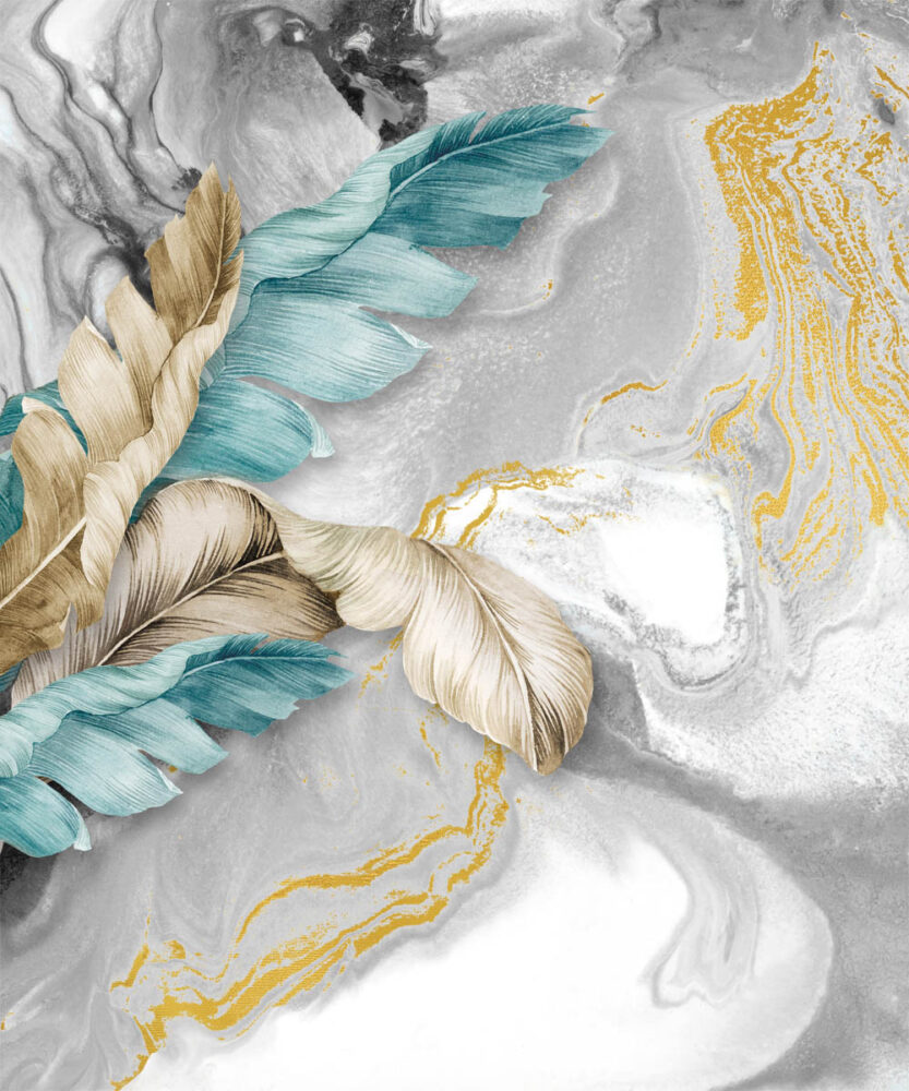 Grey Marble Feather Wallpaper : Teal and Gold Leaves Mural - flat design