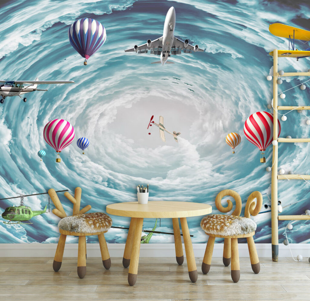 Sky Vortex Wallpaper : Airplanes and Balloons Clouds Mural - View 4