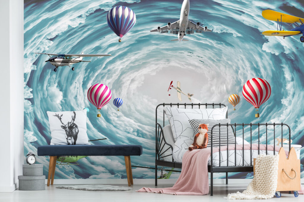 Sky Vortex Wallpaper : Airplanes and Balloons Clouds Mural - View 3