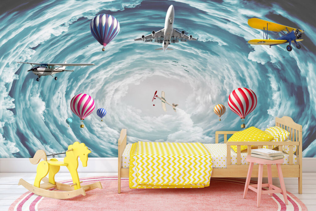 Sky Vortex Wallpaper : Airplanes and Balloons Clouds Mural - View 2