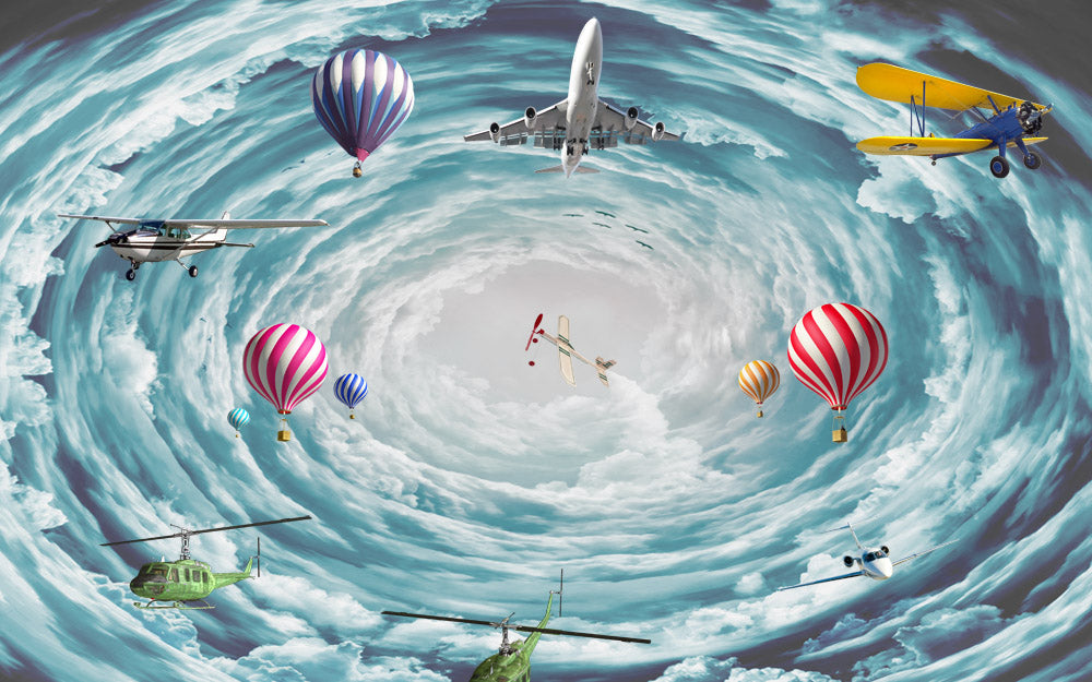 Sky Vortex Wallpaper : Airplanes and Balloons Clouds Mural - flat design