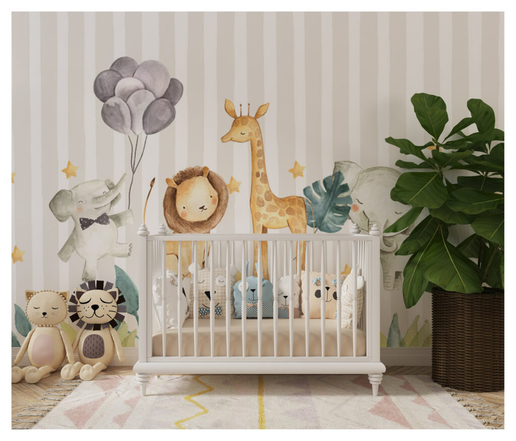 Safari Animals Stripe Wallpaper : Watercolor Nursery Mural - View 2