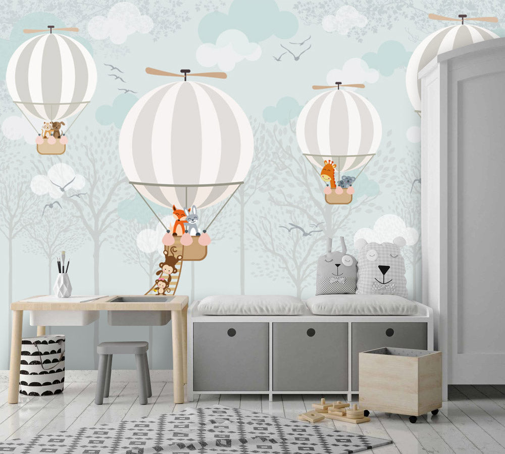 Striped Balloon Animals Wallpaper : Soft Mint Forest Mural - View 5
