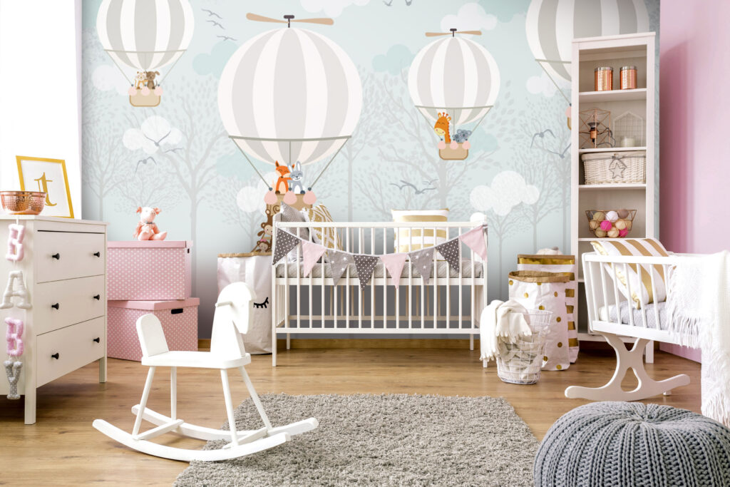 Striped Balloon Animals Wallpaper : Soft Mint Forest Mural - View 2