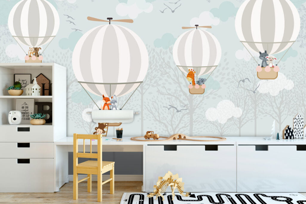 Striped Balloon Animals Wallpaper : Soft Mint Forest Mural - View 4