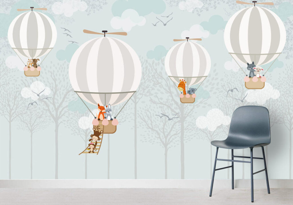 Striped Balloon Animals Wallpaper : Soft Mint Forest Mural - View 3