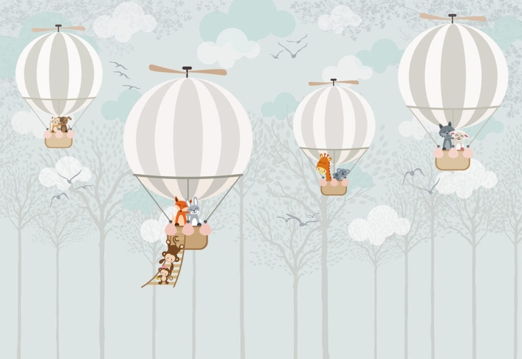 Striped Balloon Animals Wallpaper : Soft Mint Forest Mural - flat design