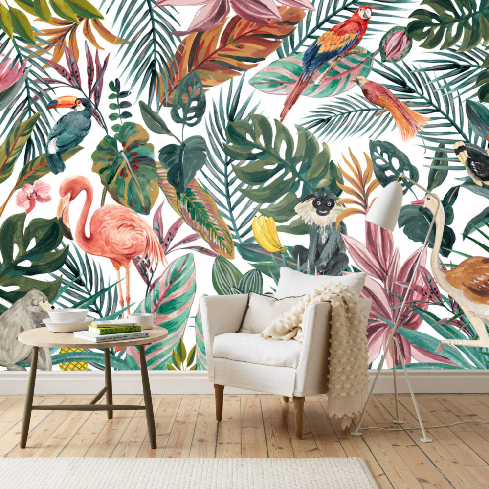 Tropical Birds Jungle Wallpaper : Colorful Leaves and Flamingos Mural - View 5