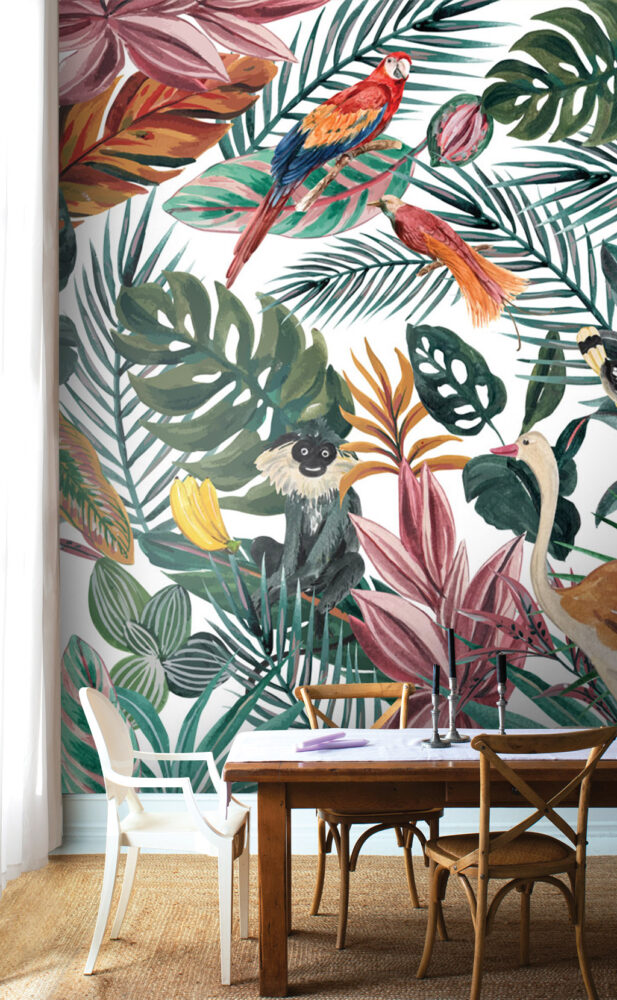 Tropical Birds Jungle Wallpaper : Colorful Leaves and Flamingos Mural - View 2