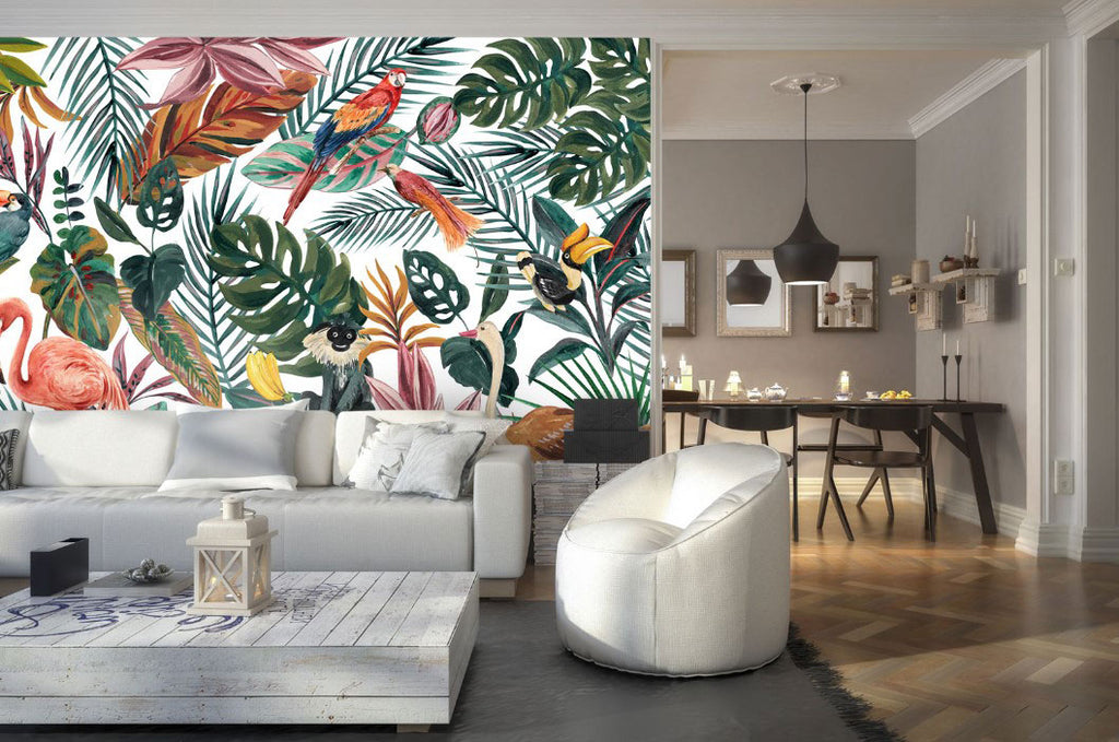 Tropical Birds Jungle Wallpaper : Colorful Leaves and Flamingos Mural - View 4