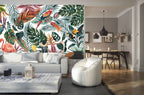 Tropical Birds Jungle Wallpaper : Colorful Leaves and Flamingos Mural - View 4