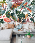 Tropical Birds Jungle Wallpaper : Colorful Leaves and Flamingos Mural