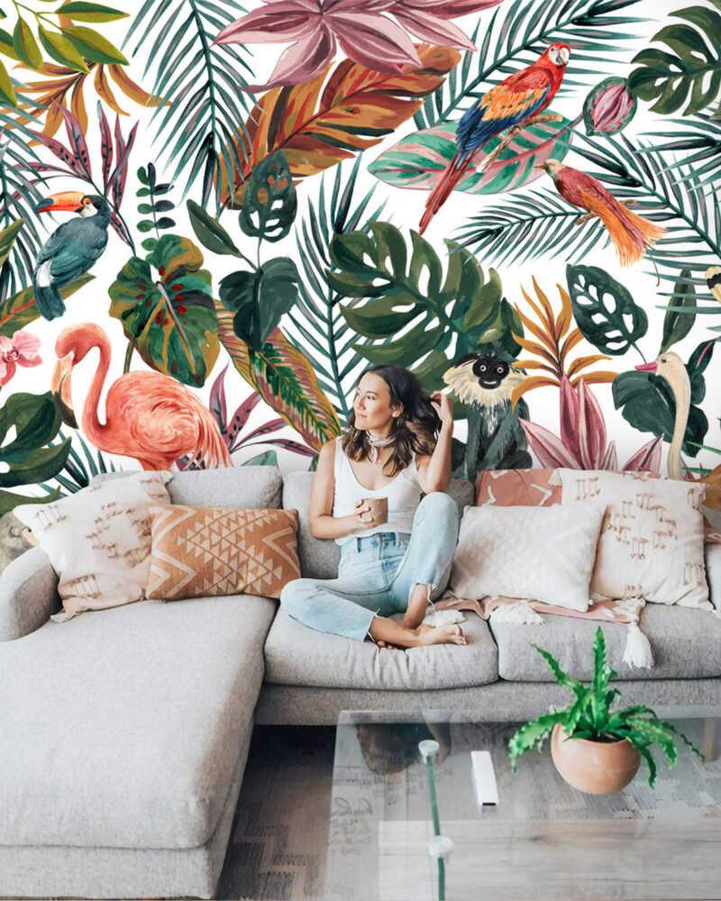 Tropical Birds Jungle Wallpaper : Colorful Leaves and Flamingos Mural