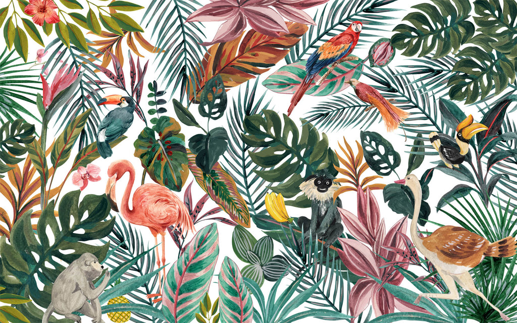 Tropical Birds Jungle Wallpaper : Colorful Leaves and Flamingos Mural - flat design