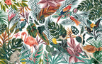 Tropical Birds Jungle Wallpaper : Colorful Leaves and Flamingos Mural - flat design