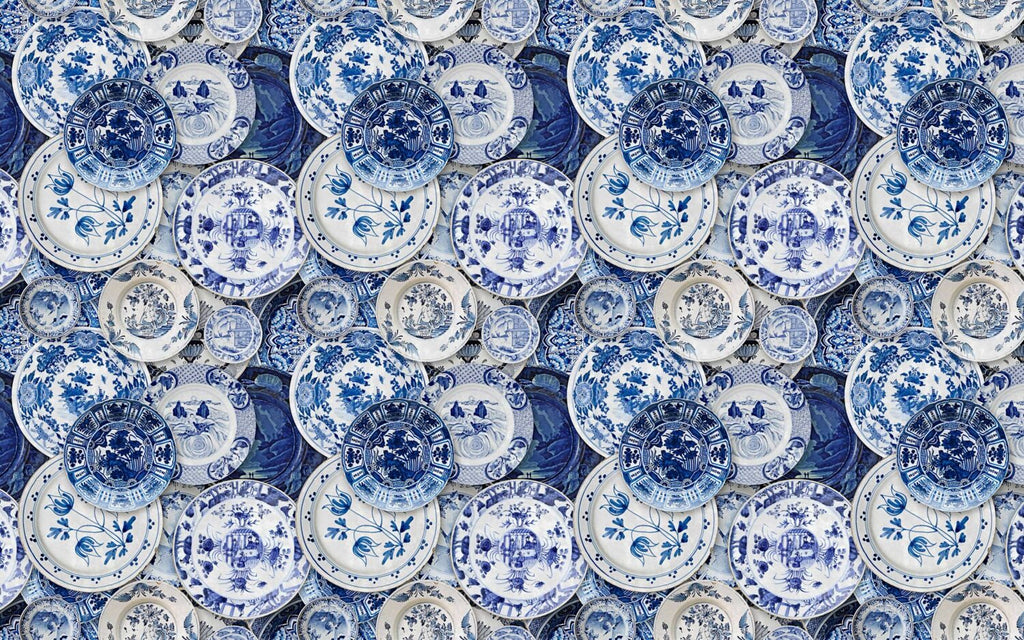 Blue Porcelain Plates Wallpaper : Delft Style China Mural - flat design