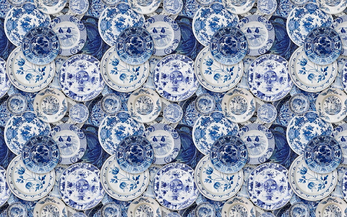 Blue Porcelain Plates Wallpaper : Delft Style China Mural - flat design
