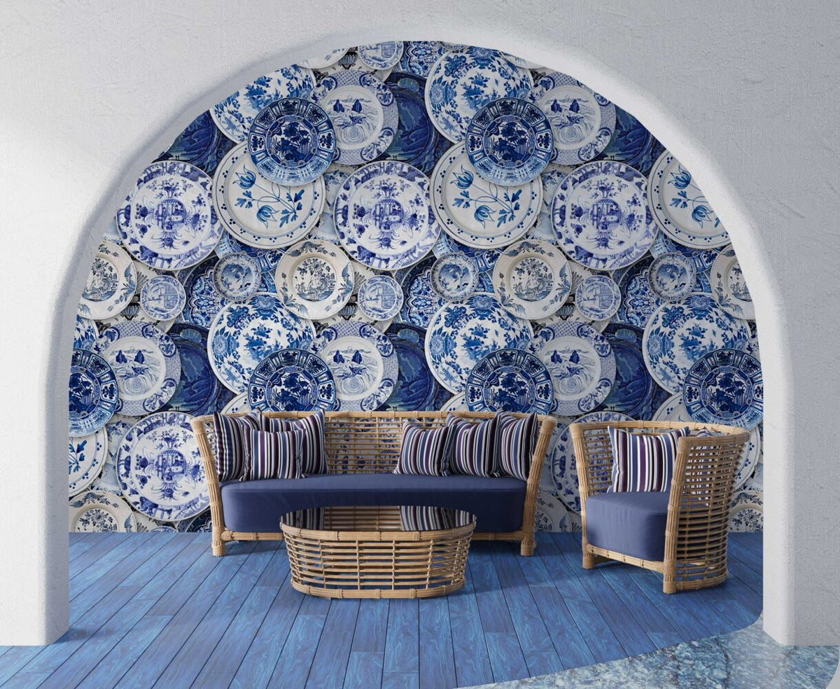 Blue Porcelain Plates Wallpaper : Delft Style China Mural