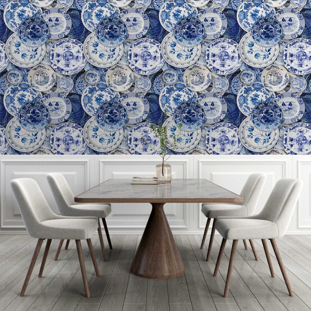 Blue Porcelain Plates Wallpaper : Delft Style China Mural - View 3