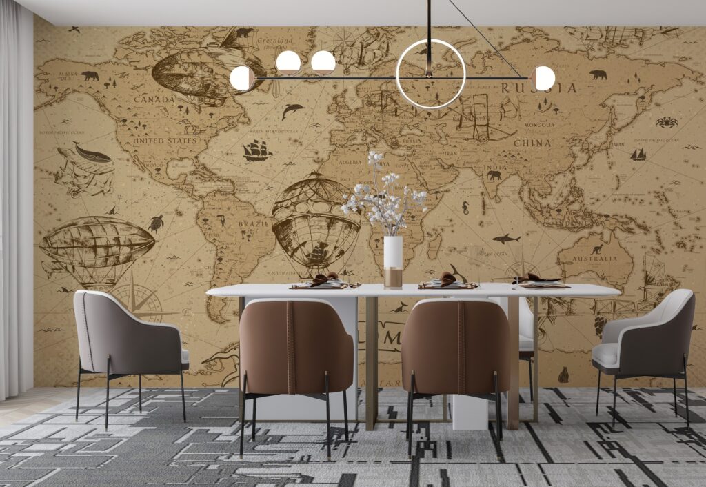 Antique World Map Wallpaper : Sepia Hot Air Balloon Mural