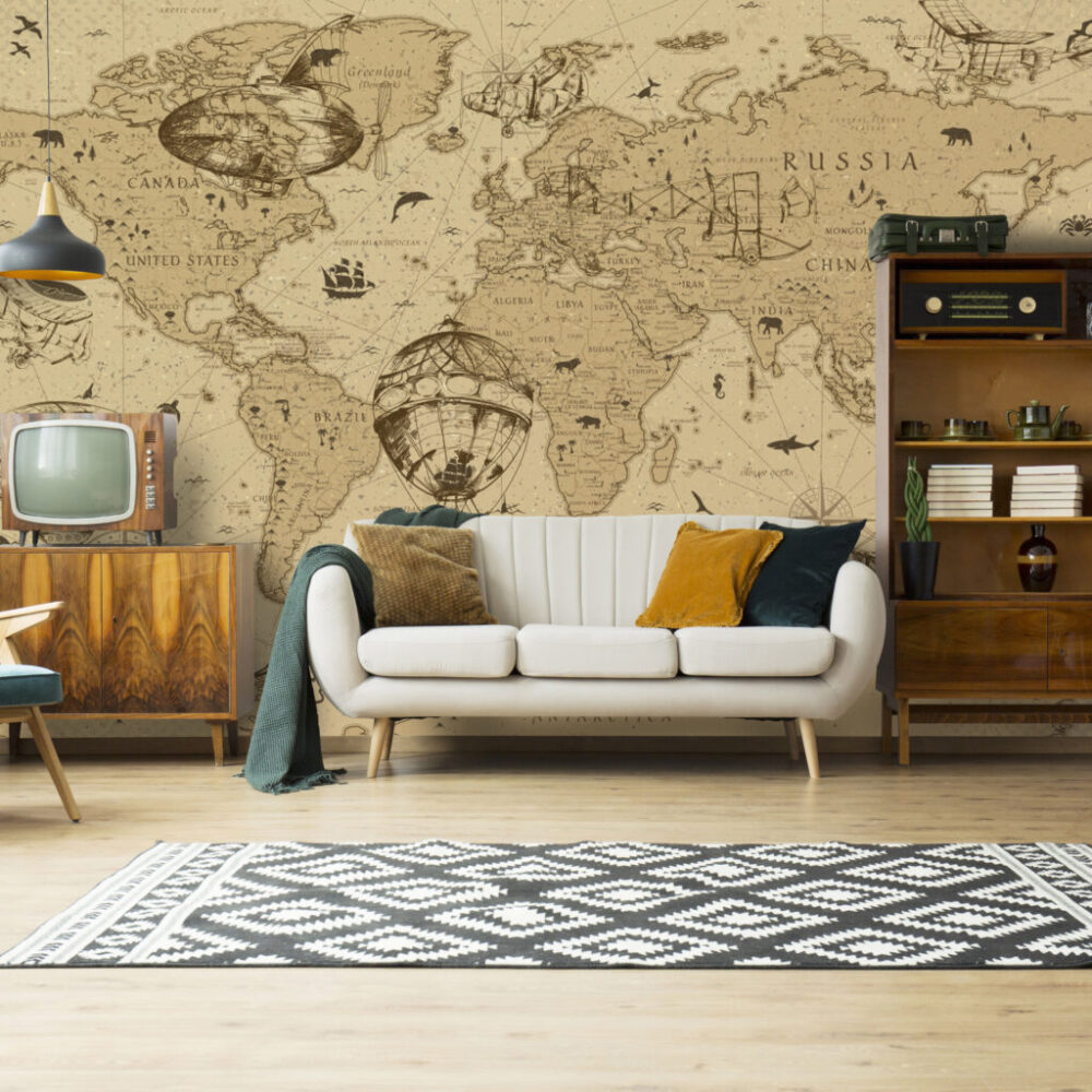 Antique World Map Wallpaper : Sepia Hot Air Balloon Mural - View 2