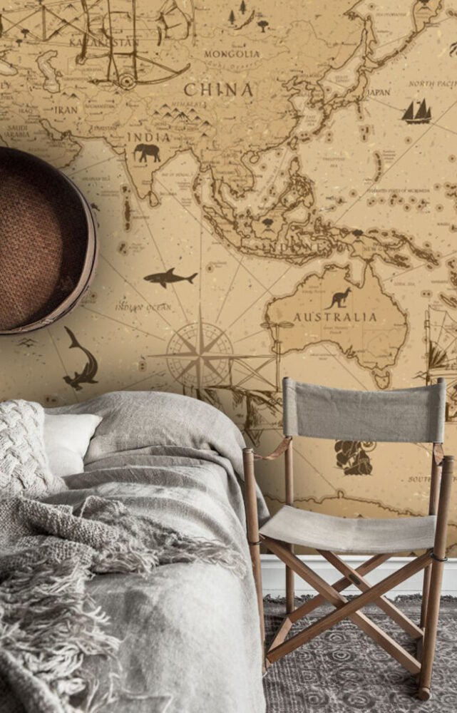 Antique World Map Wallpaper : Sepia Hot Air Balloon Mural - View 5