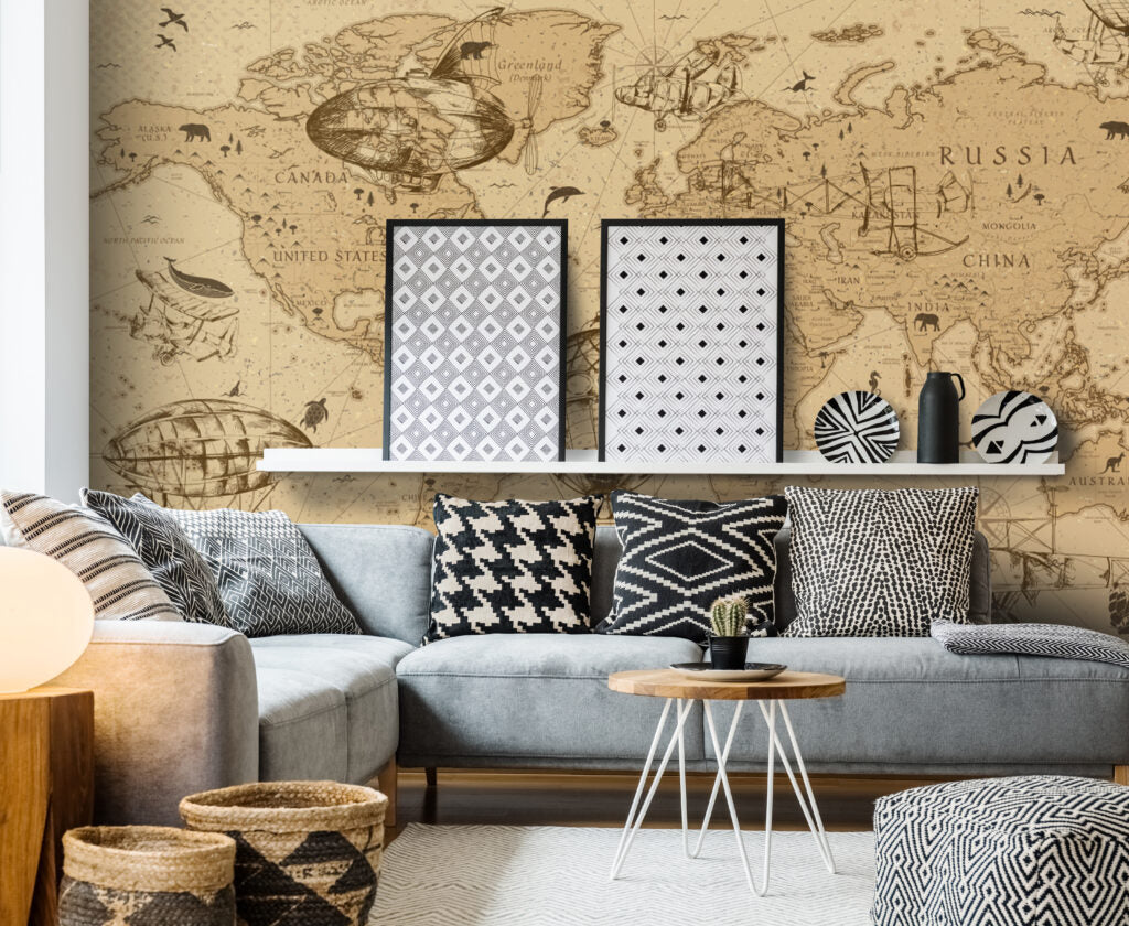 Antique World Map Wallpaper : Sepia Hot Air Balloon Mural - View 4