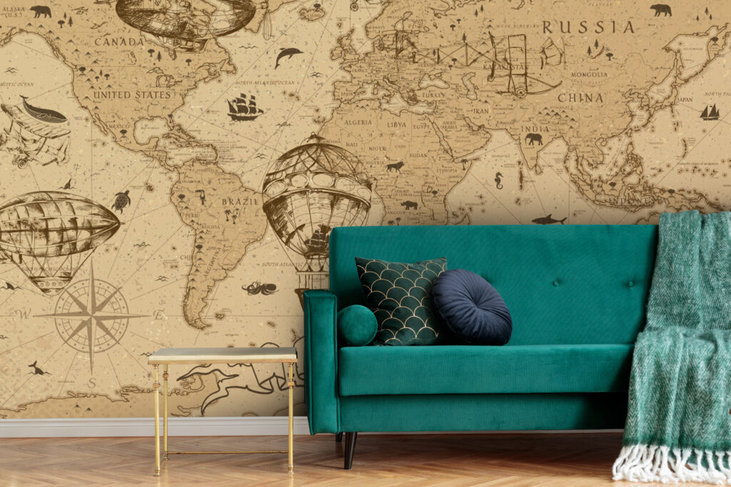 Antique World Map Wallpaper : Sepia Hot Air Balloon Mural - View 3