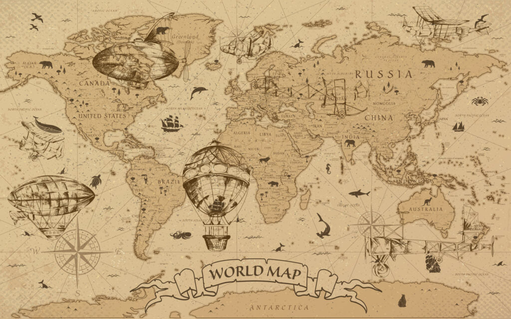 Antique World Map Wallpaper : Sepia Hot Air Balloon Mural - flat design