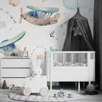 Watercolor Airplanes Wallpaper : Kids Sky and Town Mural